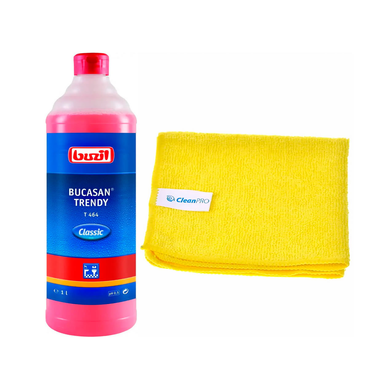 T464 Bucasan Trendy, засіб для сантехніки на основі амідосульфонової кислоти, Buzil + мікрофібра